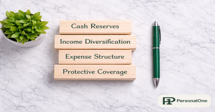 Four labeled building blocks stacked in a column reading Cash Reserves, Income Diversification, Expense Structure, Protective Coverage beside a small plant on white marble — PersonalOne