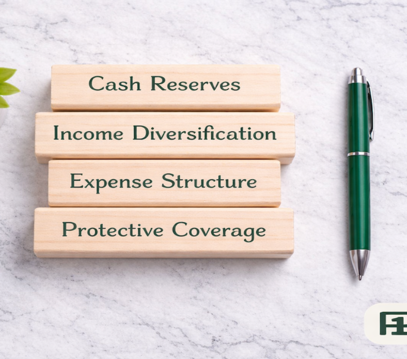 Four labeled building blocks stacked in a column reading Cash Reserves, Income Diversification, Expense Structure, Protective Coverage beside a small plant on white marble — PersonalOne