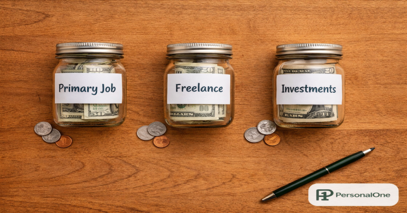 Three labeled glass jars reading Primary Job, Freelance, and Investments with coins beside each on warm wood representing multiple income streams — PersonalOne