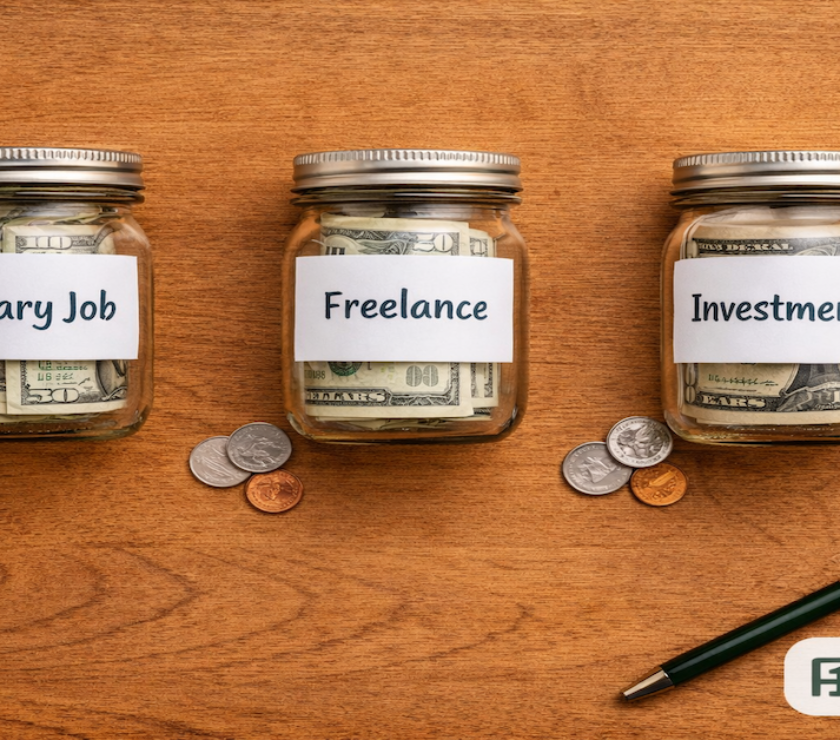 Three labeled glass jars reading Primary Job, Freelance, and Investments with coins beside each on warm wood representing multiple income streams — PersonalOne