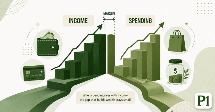 Minimalist financial education illustration showing rising income and rising spending moving together in a clean green - PersonalOne