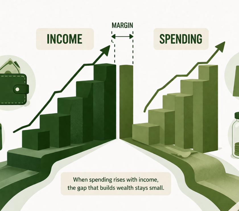 Minimalist financial education illustration showing rising income and rising spending moving together in a clean green - PersonalOne