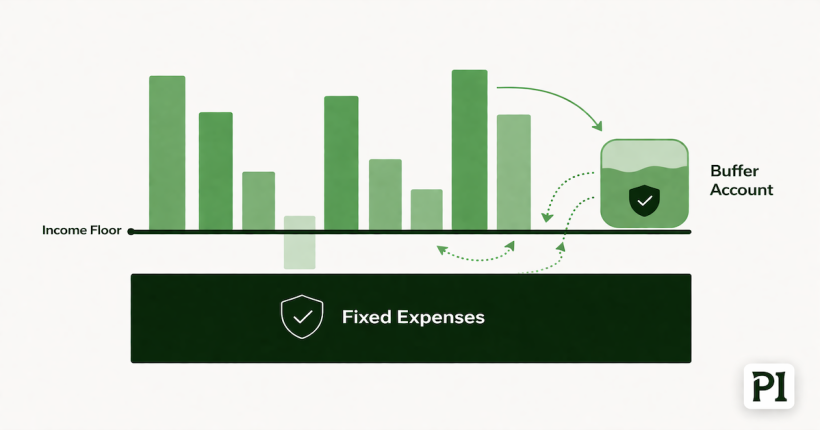 Income floor diagram showing variable monthly income bars above a fixed expense baseline, with a buffer account absorbing volatility and releasing stable cash flow for irregular earners and freelancers