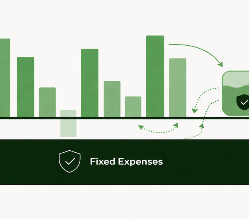 Income floor diagram showing variable monthly income bars above a fixed expense baseline, with a buffer account absorbing volatility and releasing stable cash flow for irregular earners and freelancers