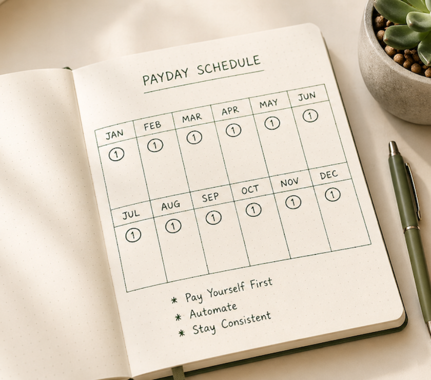 A notebook showing a recurring monthly payday circle on the first of each month, representing a freelancer's consistent automated salary transfer schedule