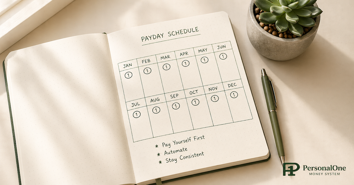 A notebook showing a recurring monthly payday circle on the first of each month, representing a freelancer's consistent automated salary transfer schedule