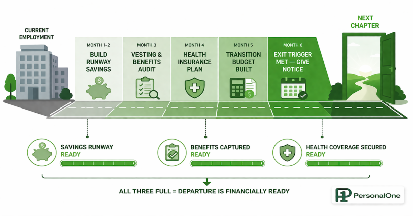 How to prepare financially before quitting a job: six-month preparation timeline showing savings runway, vesting audit, COBRA and health insurance planning, and pre-resignation financial checklist