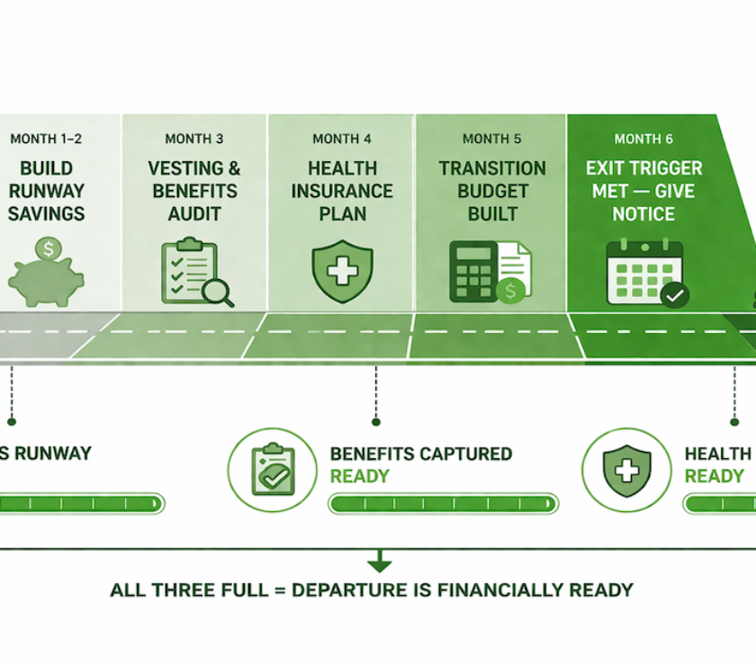 How to prepare financially before quitting a job: six-month preparation timeline showing savings runway, vesting audit, COBRA and health insurance planning, and pre-resignation financial checklist