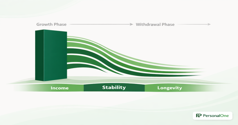 Retirement investing strategy illustration showing portfolio growth transitioning into income withdrawals for long-term financial stability