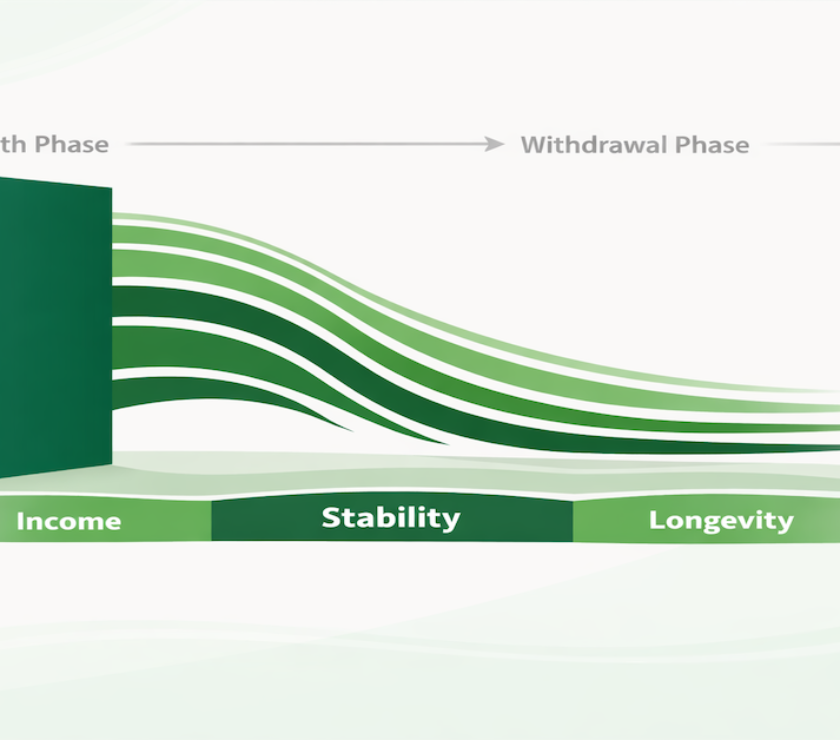 Retirement investing strategy illustration showing portfolio growth transitioning into income withdrawals for long-term financial stability