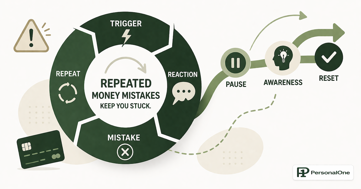 Minimalist financial education illustration showing repeated money mistakes turning into healthier financial patterns in a clean green PersonalOne style