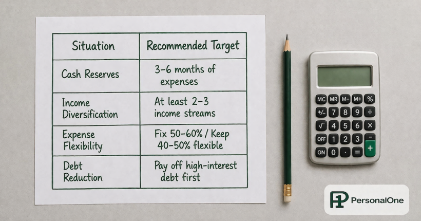 Hand-drawn recession savings target table with situation and recommended target columns beside a pencil and calculator on a light gray surface — PersonalOne