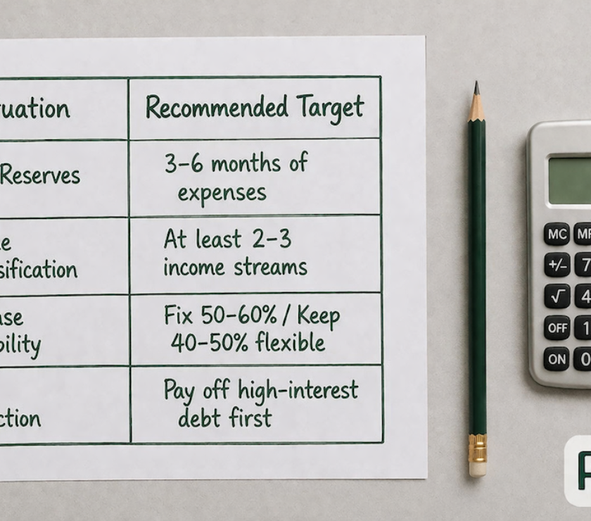 Hand-drawn recession savings target table with situation and recommended target columns beside a pencil and calculator on a light gray surface — PersonalOne