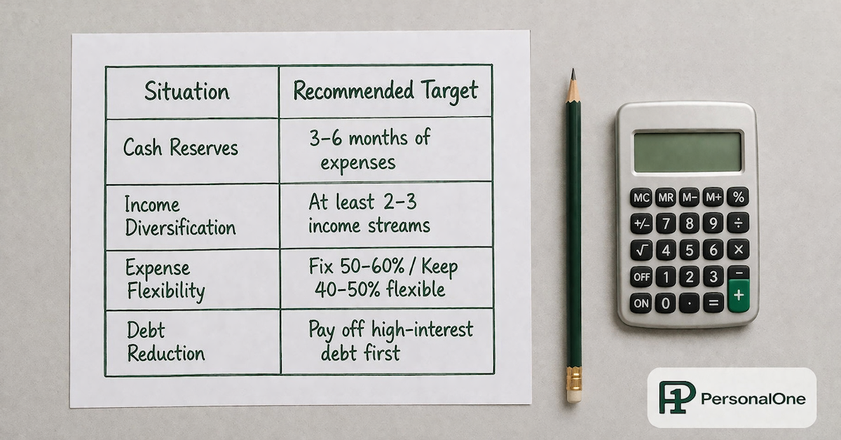 Hand-drawn recession savings target table with situation and recommended target columns beside a pencil and calculator on a light gray surface — PersonalOne