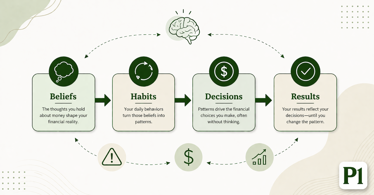 Minimalist financial psychology illustration showing thought patterns, money decisions, and habit loops in a clean green - PersonalOne