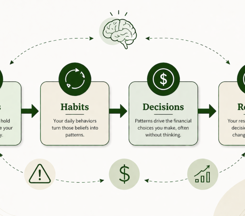 Minimalist financial psychology illustration showing thought patterns, money decisions, and habit loops in a clean green - PersonalOne