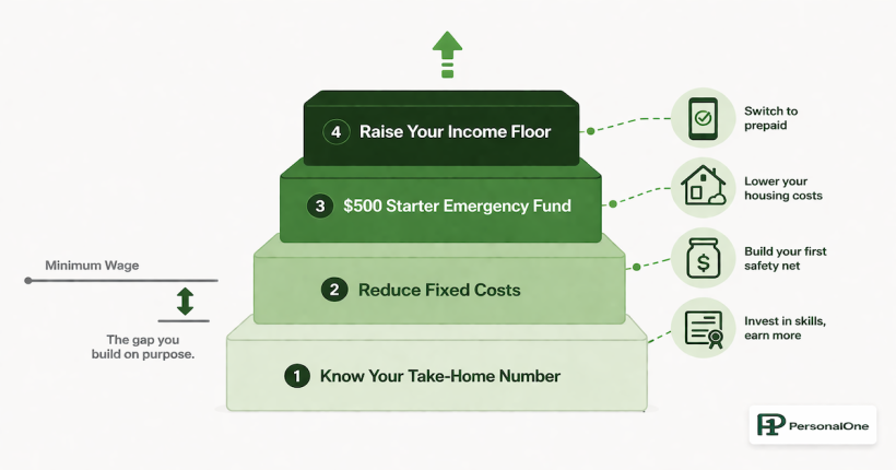 Four-platform financial stability building block diagram for minimum wage earners showing know your take-home number, reduce fixed costs, build a $500 starter emergency fund, and raise your income floor as sequential steps toward financial stability