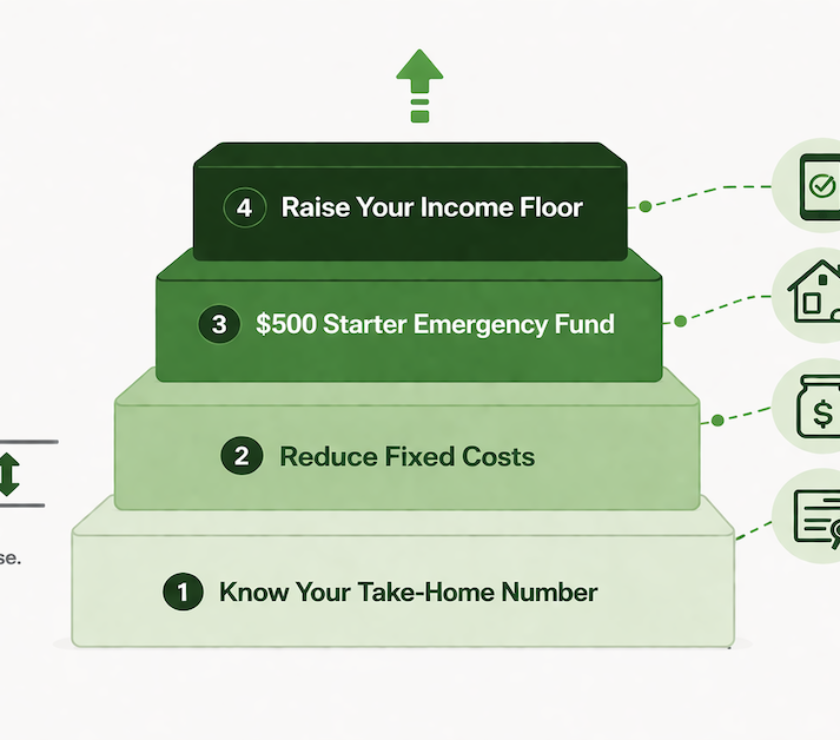 Four-platform financial stability building block diagram for minimum wage earners showing know your take-home number, reduce fixed costs, build a $500 starter emergency fund, and raise your income floor as sequential steps toward financial stability