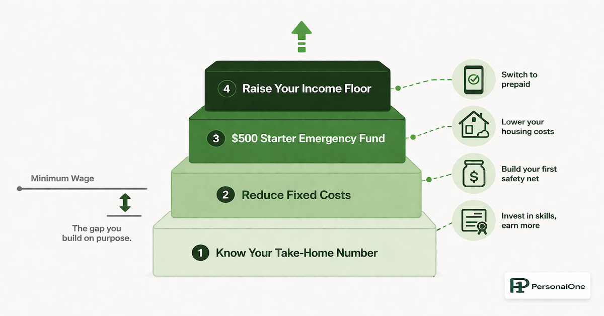 Four-platform financial stability building block diagram for minimum wage earners showing know your take-home number, reduce fixed costs, build a $500 starter emergency fund, and raise your income floor as sequential steps toward financial stability