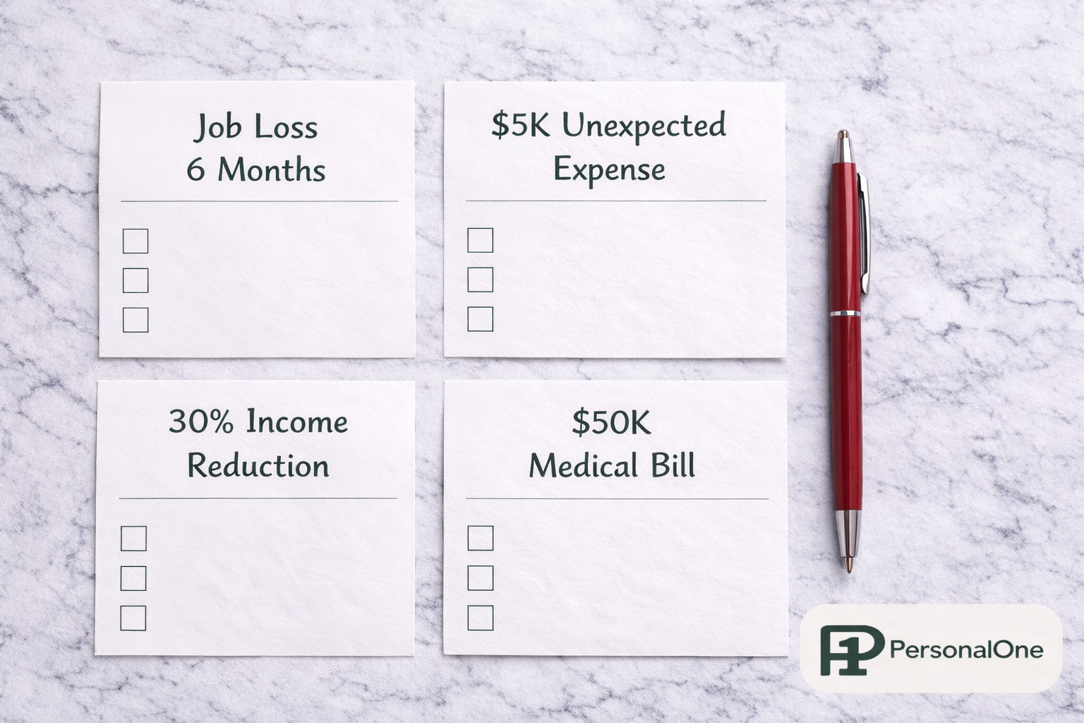 Four financial stress test scenario cards arranged in a grid reading Job Loss, Unexpected Expense, Income Reduction, and Medical Bill with checkboxes and a red pen on white marble — PersonalOne