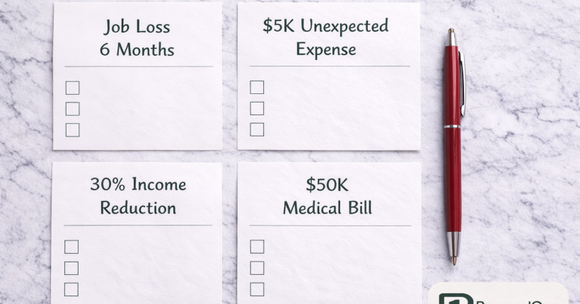 Four financial stress test scenario cards arranged in a grid reading Job Loss, Unexpected Expense, Income Reduction, and Medical Bill with checkboxes and a red pen on white marble — PersonalOne