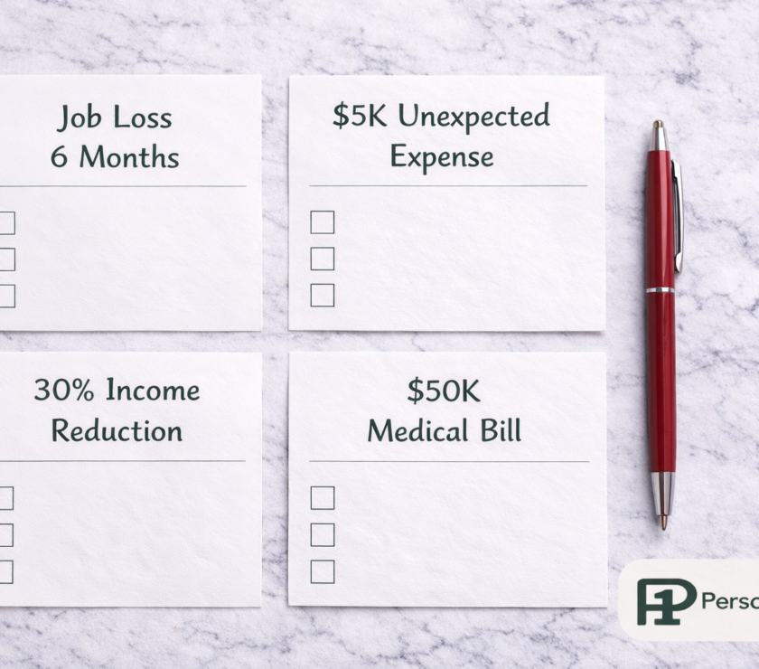 Four financial stress test scenario cards arranged in a grid reading Job Loss, Unexpected Expense, Income Reduction, and Medical Bill with checkboxes and a red pen on white marble — PersonalOne
