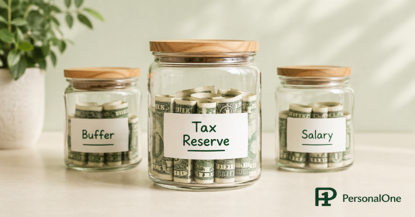Three labeled glass jars showing a freelance money system — tax reserve jar in the foreground, with buffer and salary jars behind it, illustrating the priority sequence of income allocation