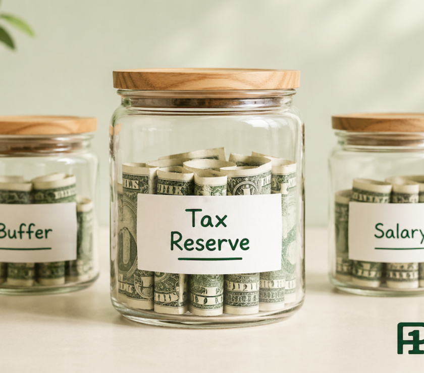 Three labeled glass jars showing a freelance money system — tax reserve jar in the foreground, with buffer and salary jars behind it, illustrating the priority sequence of income allocation