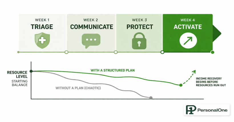 Income disruption plan diagram: 30-day financial crisis response timeline showing triage, creditor communication, cash flow protection, and income recovery activation for job loss and paycheck disruption