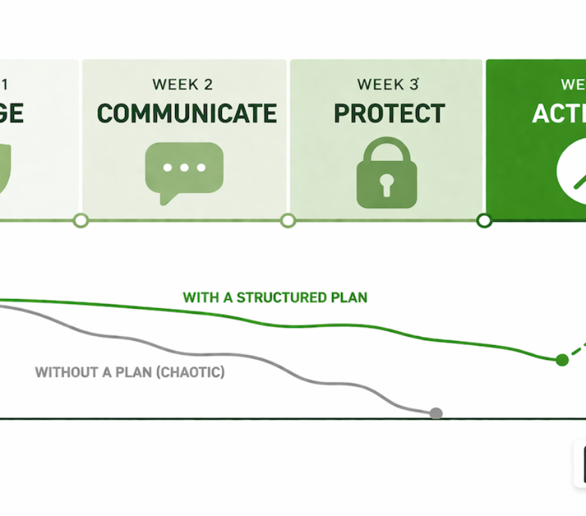 Income disruption plan diagram: 30-day financial crisis response timeline showing triage, creditor communication, cash flow protection, and income recovery activation for job loss and paycheck disruption