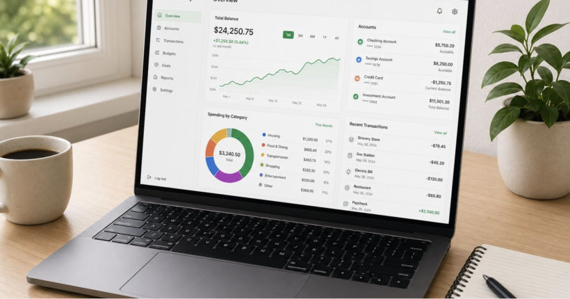 Automated spending tracking dashboard showing connected bank accounts and color-coded budget categories updating in real time