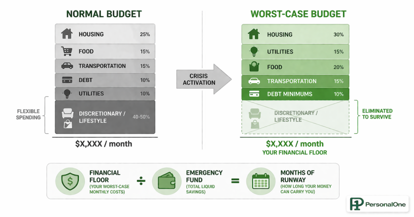 Worst-case scenario budget design: comparison diagram showing normal spending versus bare-bones financial floor with five survival categories and emergency fund runway calculation for financial crisis planning