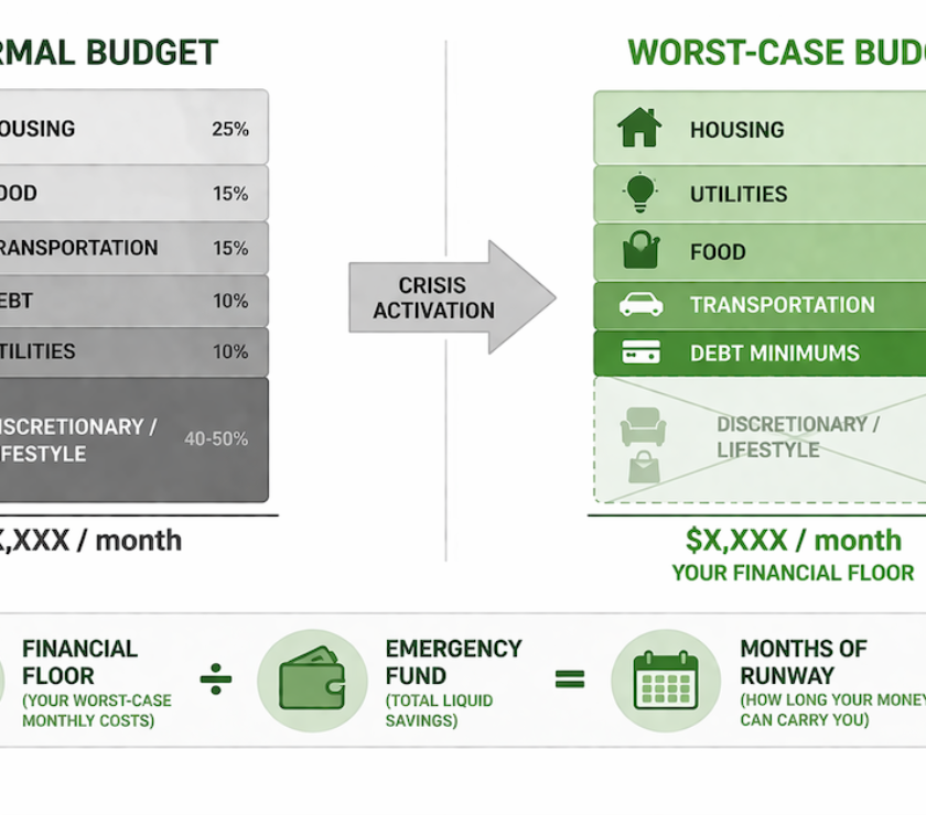 Worst-case scenario budget design: comparison diagram showing normal spending versus bare-bones financial floor with five survival categories and emergency fund runway calculation for financial crisis planning