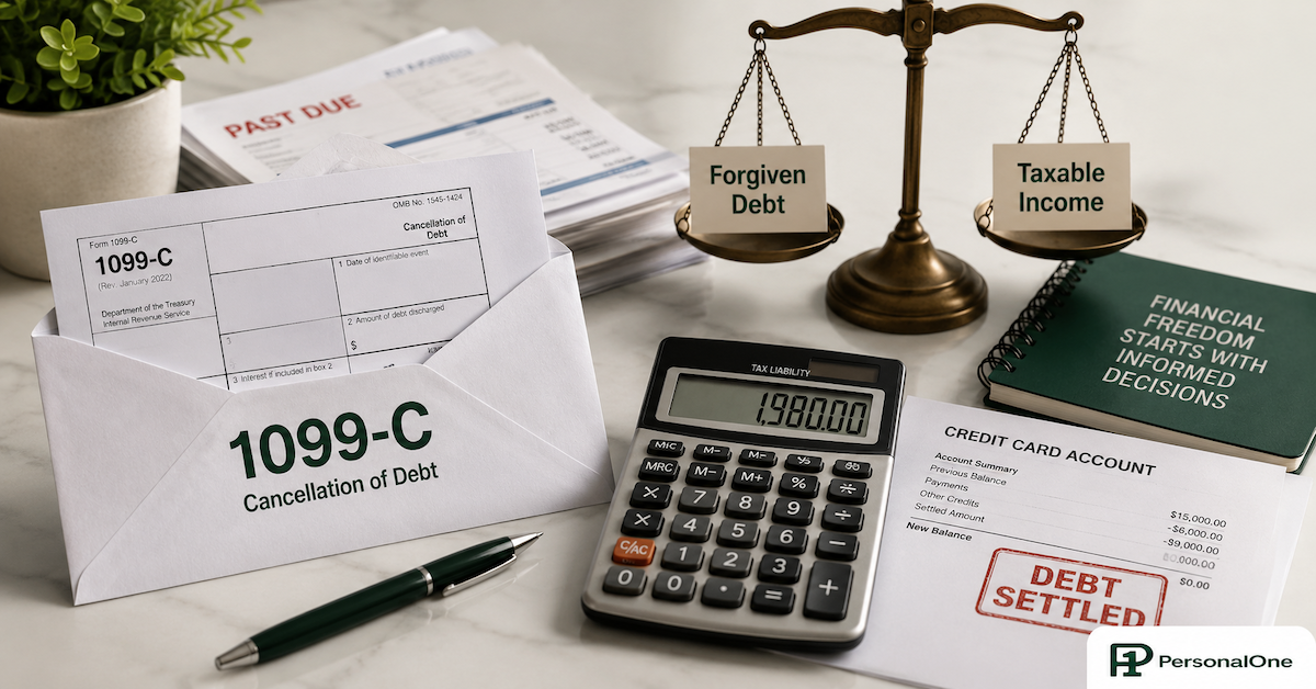 1099-C tax form, calculator, and debt settlement paperwork on a desk illustrating debt settlement tax consequences and taxable forgiven debt income