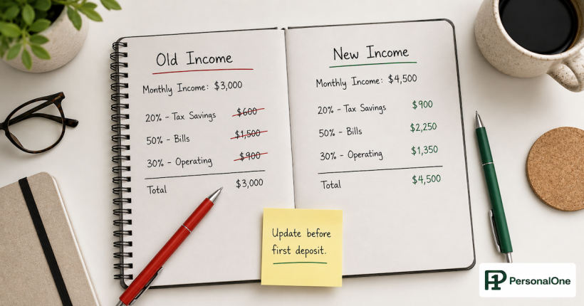 Notebook open to two pages showing old paycheck routing amounts crossed out in red and updated amounts written in green with a sticky note saying update before first deposit — PersonalOne