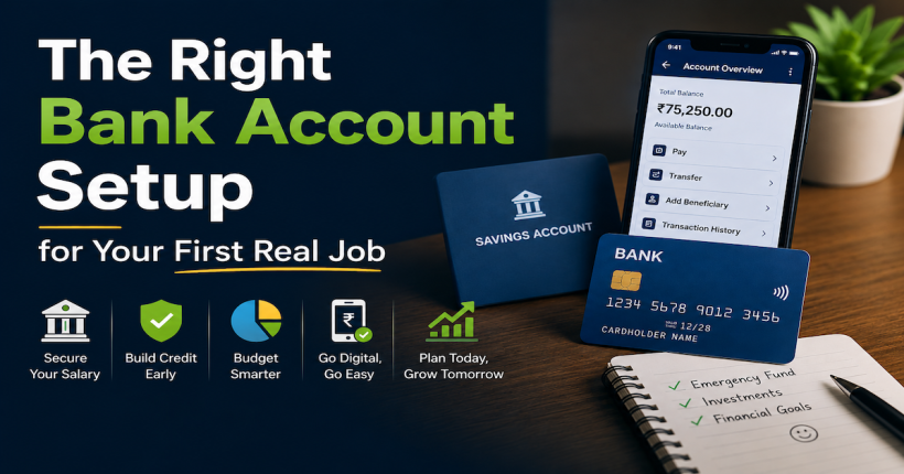 Minimalist financial education image showing a smartphone banking app, debit card, savings account setup, and budgeting notebook on a desk, representing the right bank account setup for a first real job