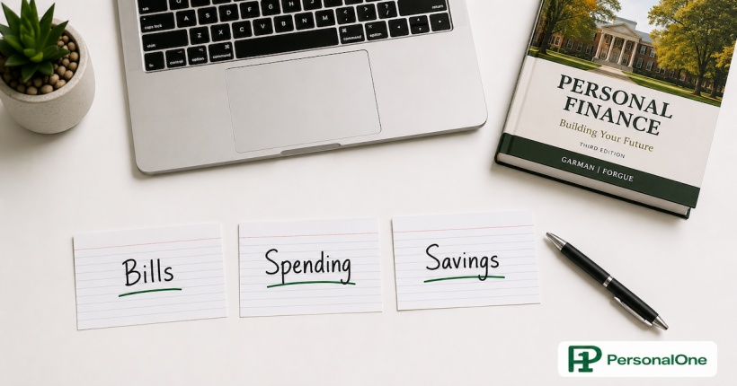 Three index cards labeled Bills, Spending, and Savings arranged on a student desk beside a pen and laptop — PersonalOne