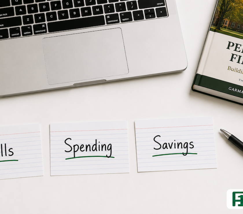 Three index cards labeled Bills, Spending, and Savings arranged on a student desk beside a pen and laptop — PersonalOne