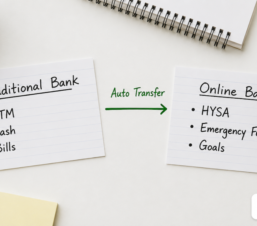 Two labeled cards on a white desk showing Traditional Bank handling ATM and bills and Online Bank handling savings and emergency fund connected by an auto transfer arrow — PersonalOne