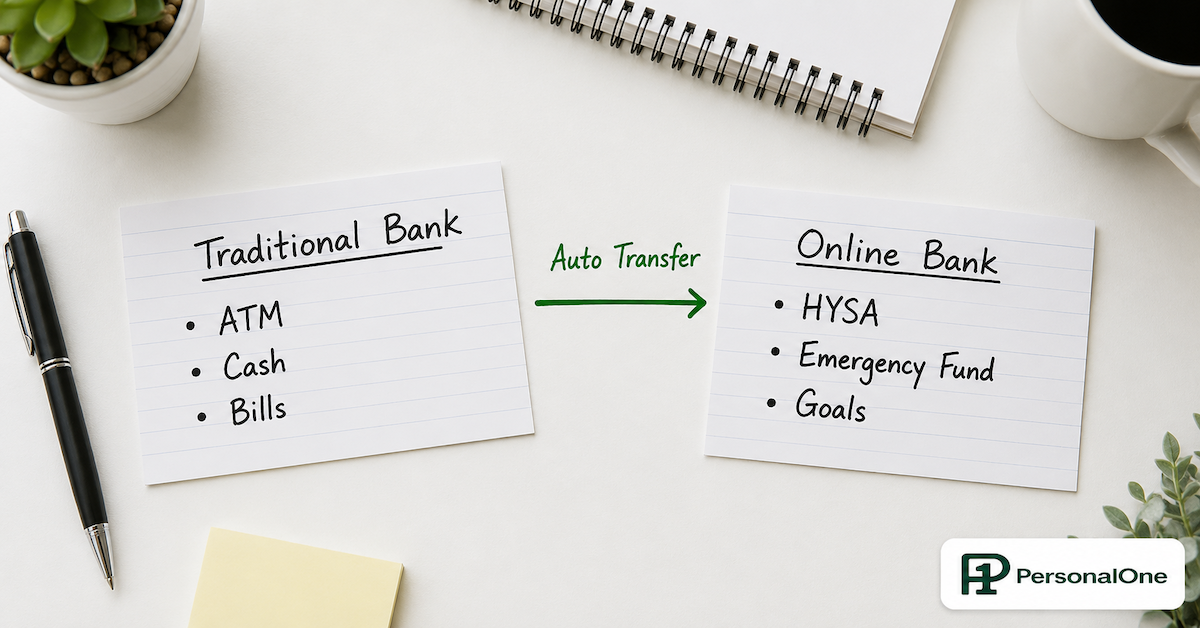 Two labeled cards on a white desk showing Traditional Bank handling ATM and bills and Online Bank handling savings and emergency fund connected by an auto transfer arrow — PersonalOne