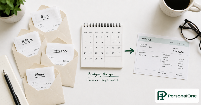 Several bill envelopes labeled rent utilities insurance and phone clustered on a desk beside a paycheck stub with a calendar showing the timing gap between bills and income — PersonalOne