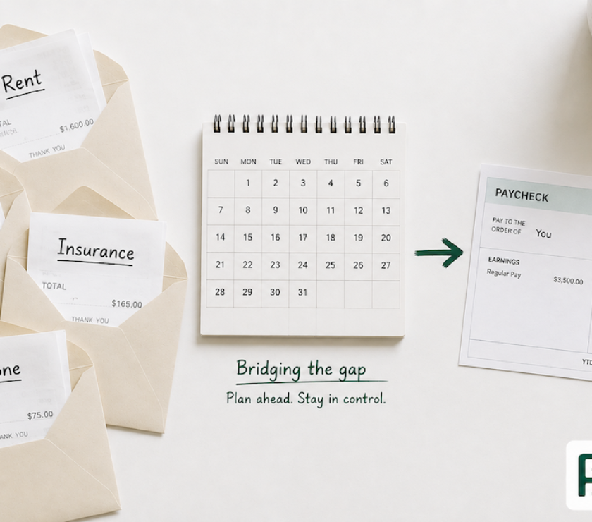 Several bill envelopes labeled rent utilities insurance and phone clustered on a desk beside a paycheck stub with a calendar showing the timing gap between bills and income — PersonalOne