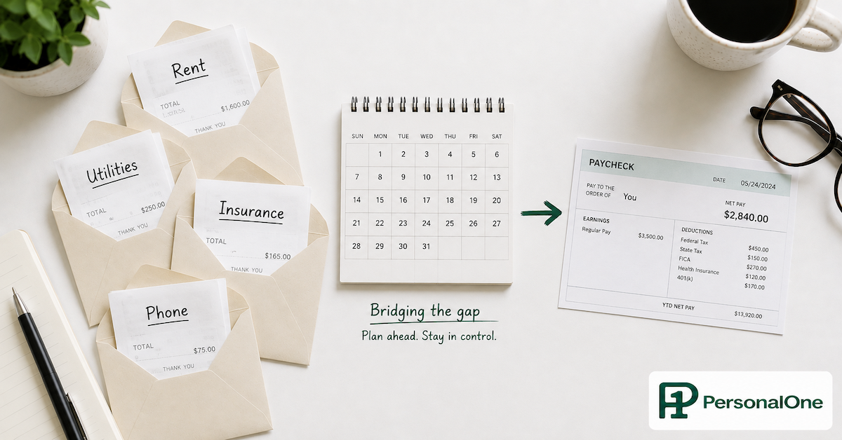 Several bill envelopes labeled rent utilities insurance and phone clustered on a desk beside a paycheck stub with a calendar showing the timing gap between bills and income — PersonalOne
