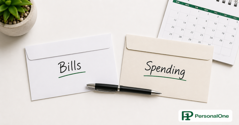Two envelopes labeled Bills and Spending separated on a white desk beside a pen and monthly calendar — PersonalOne