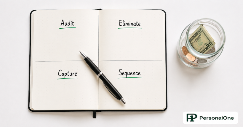 Notebook open to four sections labeled Audit, Eliminate, Capture, and Sequence beside a small jar of savings on a white desk — PersonalOne