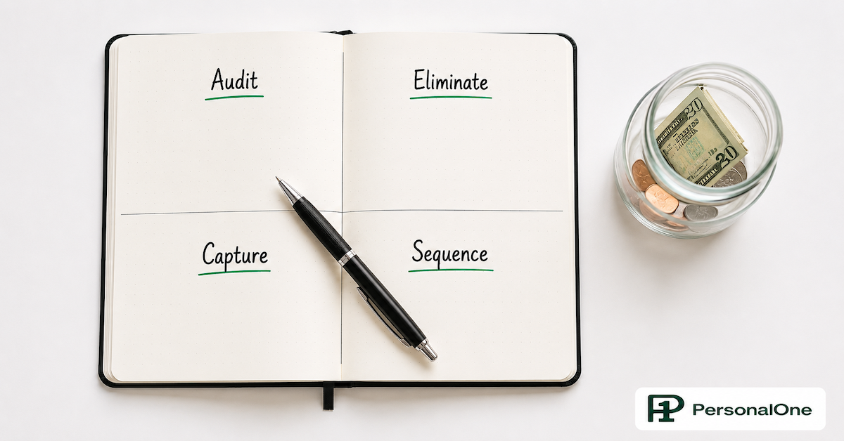 Notebook open to four sections labeled Audit, Eliminate, Capture, and Sequence beside a small jar of savings on a white desk — PersonalOne