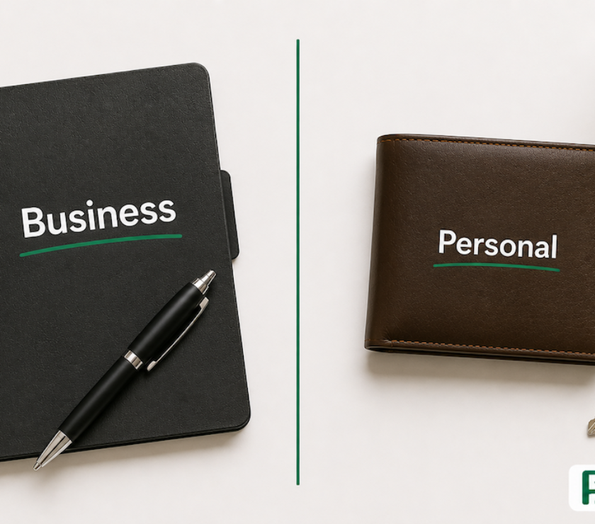 A desk split by a green line with business notebook on the left and personal wallet on the right showing separation of finances — PersonalOne