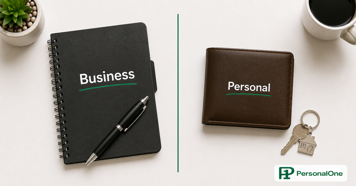 A desk split by a green line with business notebook on the left and personal wallet on the right showing separation of finances — PersonalOne