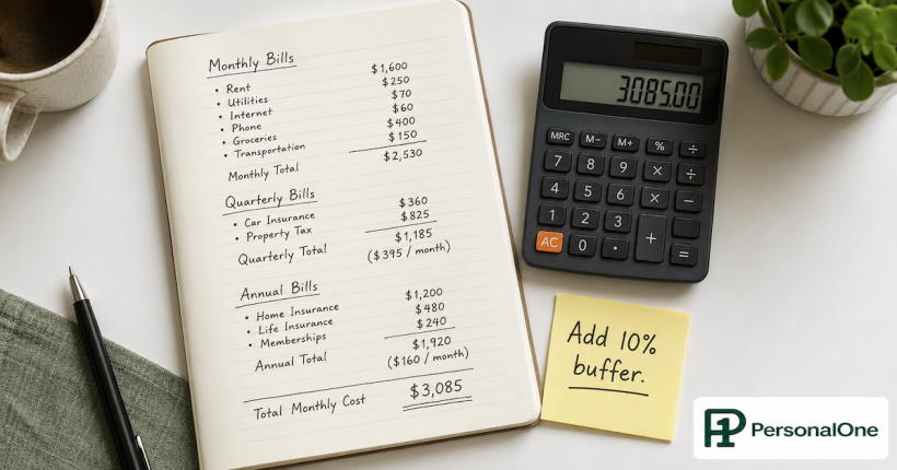 A notebook open to a bills inventory list with monthly quarterly and annual charges totaled beside a calculator and a sticky note saying add 10 percent buffer — PersonalOne