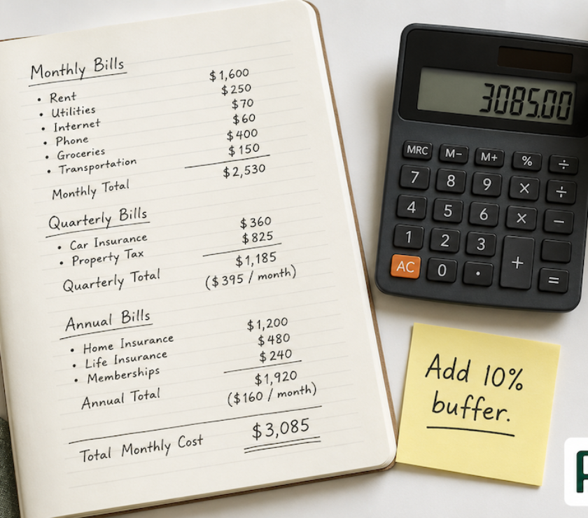 A notebook open to a bills inventory list with monthly quarterly and annual charges totaled beside a calculator and a sticky note saying add 10 percent buffer — PersonalOne